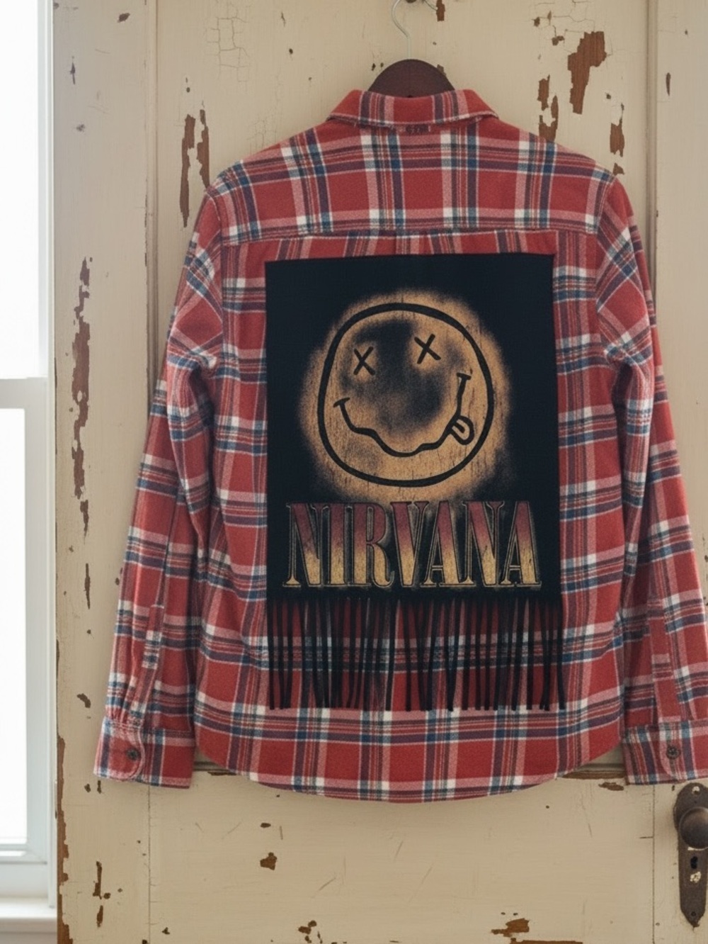 NIRVANA Upcycled Band T Shirt Flannel Top Fringe Boyfriend Grunge